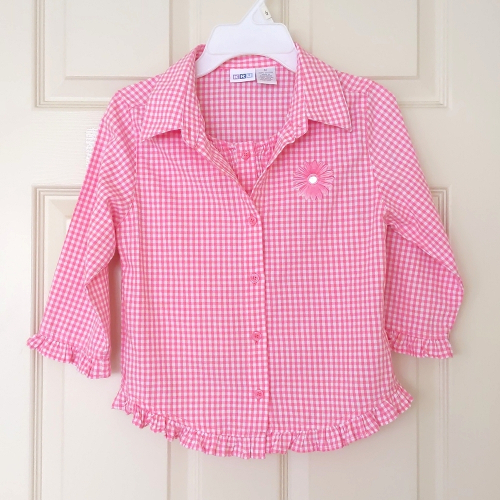 NWOT. 100% Cotton Pink/White Plaid Ruffle Edge Shirt w/Inside Cami & 3/4 Sleeve.